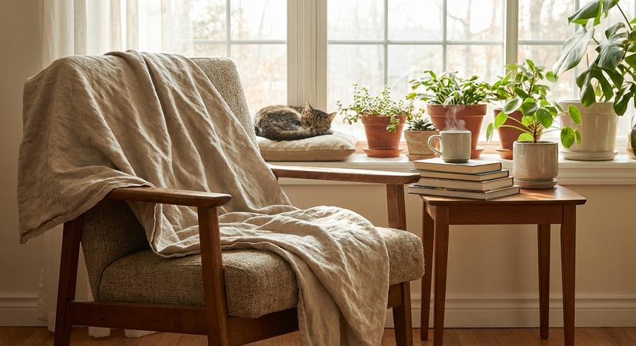 MINUPWELL Linen Blanket on reading chair